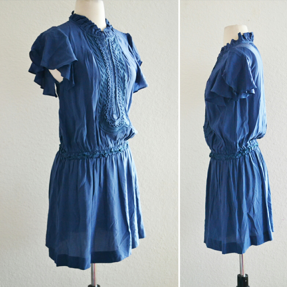 Dark Blue Ruffle Flutter Sleeve Dress - Picture 2 of 4